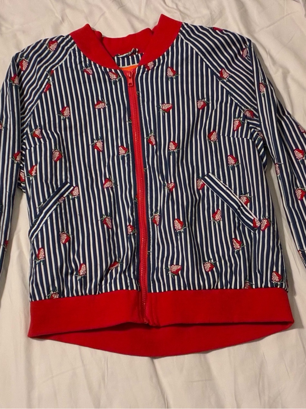 Striped Navy & Red Bomber Jacket with Strawberry Print